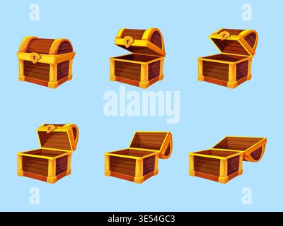 Empty chest animation. Wooden chests open close animated lid, pirate treasure box sequence game interface antique casket crate old case trunk set ui ingenious vector illustration original artwork Stock Vector