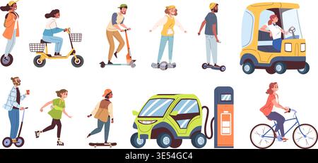 People eco transport. Man woman ride on electric car, bike scooter segway skateboard bicycle riders drivers clean energy healthy city life characters, classy vector illustration original artwork Stock Vector