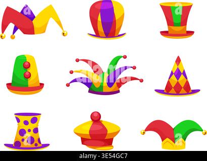 Clown hats. Carnival hat, circus jester cap harlequin crown funny buffoon costume fool silly mask crazy fun comic joke humor headwear, cartoon set qualitative vector illustration original artwork Stock Vector