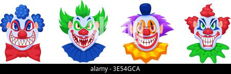 Evil clowns. Scary clown head, halloween spooky joker creepy jester horror characters killer vampire crazy smile with teeth face makeup, cartoon qualitative vector illustration original artwork Stock Vector