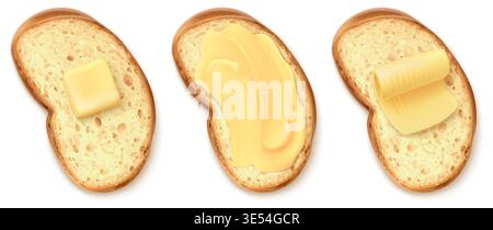 Realistic butter on bread. Sandwich toast with margarine slice, 3d melt spread curl slices on crumb toasts piece top view creamy oil food 3d isolated garish vector illustration original artwork Stock Vector