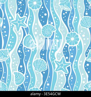 Seamless ocean pattern with shells, starfish and waves in pastel blue tones, soft marine background with flowing lines and white elements on blue Stock Vector