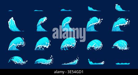 Wave splash animation. Sea water waves splashes sprite sheet sequence frame, ocean energy liquid foam motion fx ripple drops splatter aqua burst game ingenious vector illustration original artwork Stock Vector