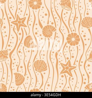 Seamless ocean pattern with shells, starfish and waves in pastel blue tones, soft marine background with flowing lines and white elements on soft Stock Vector