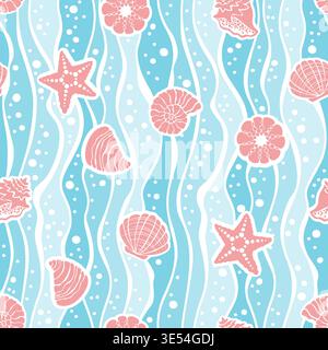 Seamless ocean pattern with shells starfish and waves in blue pastel tones, soft marine background with flowing lines and coral pink elements on blue Stock Vector