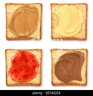 Realistic toast jam. Bread toasts spread different jams top view, sandwich slice butter peanut jelly strawberry chocolate creamy breakfast 3d isolated garish vector illustration original artwork Stock Vector