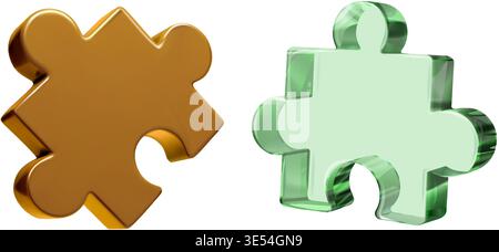 3D puzzle piece on white bg. Transparent green glass and luxury golden icon. Realistic isometric render, part join and jigsaw fragment logic. Complex Stock Vector