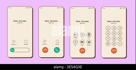 Retro 90s mobile phone call screen interface. Calling, ringing, and talking modes with vintage design layout. Classic smartphone communication screens Stock Vector