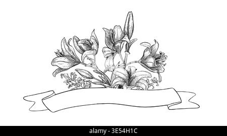 Lily flower bouquet with ribbon scroll banner and empty space for text. Hand drawn engraving vector illustration of floral composition. Monochrome Stock Vector