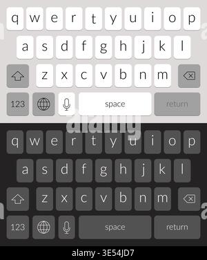 Smartphone keyboard in light and dark mode with alphabet keypad buttons in modern flat style, mobile phone typing interface concept for white and Stock Vector