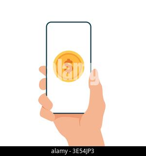 Online payment concept with hand holding smartphone and coin icon displayed on screen, digital transaction and mobile banking illustration for Stock Vector