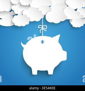 Paper Clouds Striped Blue Sky Piggy Bank Paper clouds with a white piggy bank price sticker on the blue background. Stock Photo