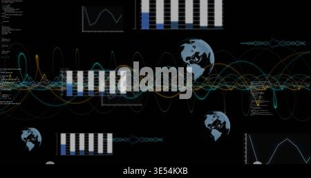 Center waveform pulsing across dark tech UI, receiving data and updating globes for analytics Stock Photo