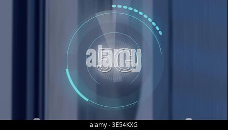 Displaying holo 5G emblem rotating at center in UI, showing concentric HUD rings and cyan arcs Stock Photo