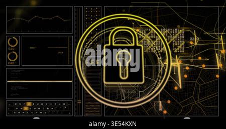 Displaying glowing padlock rotating inside concentric rings on cyber dashboard, with map and code Stock Photo