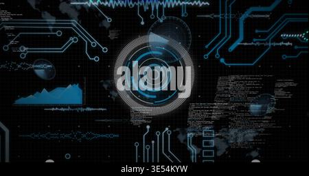 Displaying central HUD rotating rings on digital dashboard, with circuit traces and code Stock Photo
