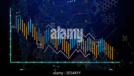 Displaying candlestick bars and white zigzag price trace on dark analytics dashboard, neon axes Stock Photo