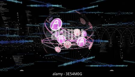 Glowing spherical network emitting flowing pink data lines in cyberspace, with magenta avatar nodes Stock Photo
