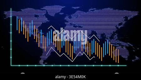 Displaying global finance data showing decline on digital dashboard with dotted map and zigzag line Stock Photo