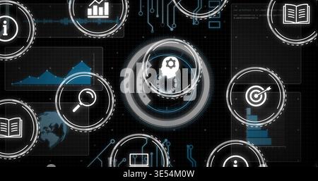 Displaying central multi-ring HUD showing head-gear silhouette on dark-grid dashboard, with charts Stock Photo
