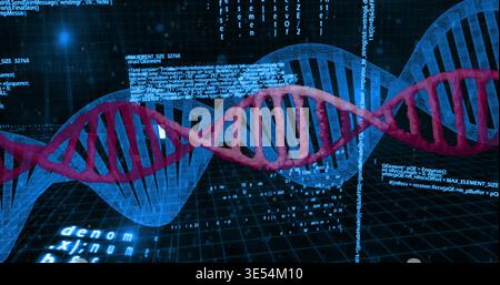 Displaying DNA double helix rotating horizontally over virtual grid plane, with glowing data nodes Stock Photo