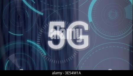 Displaying large white 5G text glowing in abstract digital interface, with concentric HUD rings Stock Photo