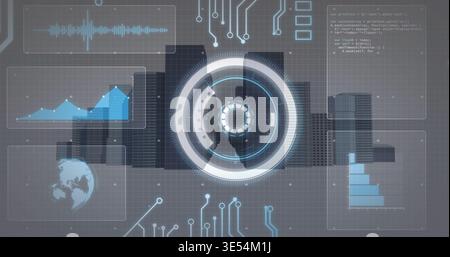 Displaying central circular HUD rotating over dark urban skyline at night, presenting charts, globe Stock Photo