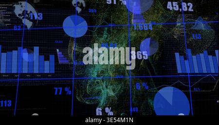Displaying analytics visualization on-screen dashboard, with blue grid, pie charts, particle cloud Stock Photo