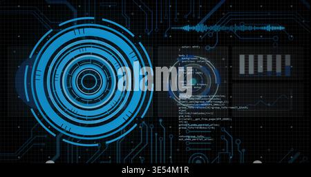 Displaying large blue concentric circular HUD on left, integrating code text, waveform, bar chart Stock Photo