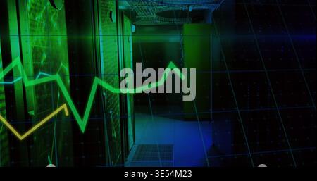 Glowing server rack row revealing LEDs in data center corridor, showing analytics overlay Stock Photo