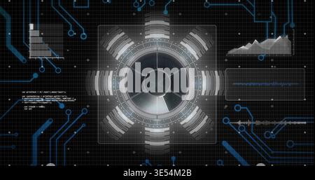 Displaying central circular HUD rotating over dark grid plane, with blue circuit traces and charts Stock Photo