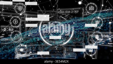 Displaying central circular HUD projecting data on UI plane, showing laptop icon and striped panels Stock Photo