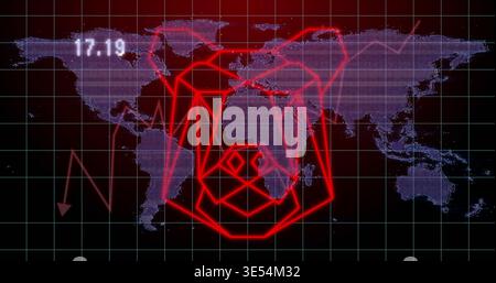 Displaying neon-red emblem over world map on monitor with grid, glowing arcs, nodes, zigzag 17 Stock Photo