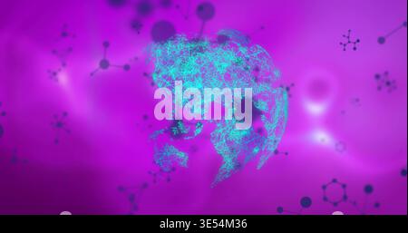 Glowing cyan wireframe globe forming in virtual space, showing connected nodes and magenta backdrop Stock Photo