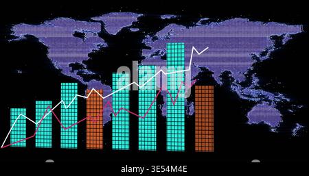 Displaying tiled bar charts with white and magenta trend lines over purple world map, scanlines Stock Photo
