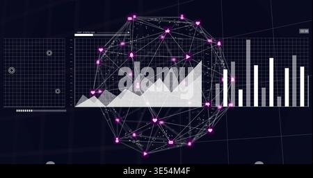 Displaying 3D wireframe network globe pulsing on dark virtual dashboard, showing glowing icon nodes Stock Photo