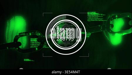 Displaying central HUD showing three numeric readouts in cyber interface, with chain links and code Stock Photo