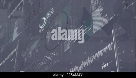 Displaying dashboard on control-room console, showing dotted map highlight, line and bar charts Stock Photo