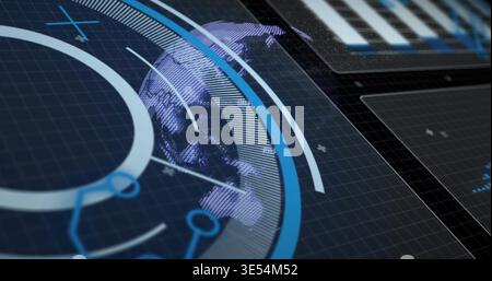 Displaying circular HUD with 3D purple globe on dark grid, showing radial ticks and data panels Stock Photo