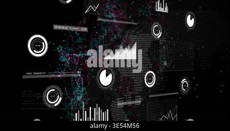 Displaying cluster of floating data widgets on dark plane, with gauges, pie charts, readouts Stock Photo