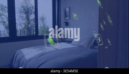 Displaying double bed with gray duvet and pillows in bedroom, showing translucent green AR icons Stock Photo
