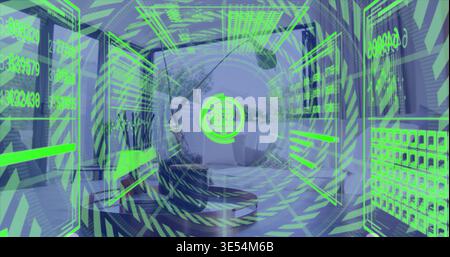 Hovering neon-green circular HUD projecting numeric panels over daybed, glass wall, terrace plants Stock Photo