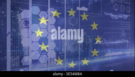 Overlaying twelve yellow EU stars circling over digital cityscape, showing blueprint overlays Stock Photo