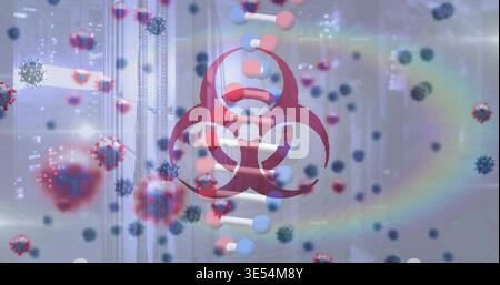 Displaying maroon biohazard symbol hovering over DNA helix in lab, with virus particles and racks Stock Photo
