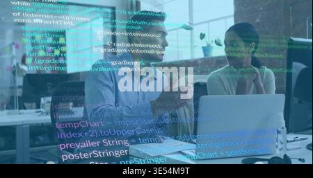 Gesturing coworkers in light clothing discussing code overlay in modern open-plan office, laptop Stock Photo