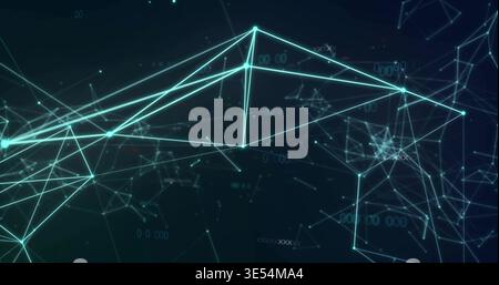 Pulsing teal network forming triangular mesh in virtual network, with connecting lines and nodes Stock Photo