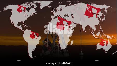 Displaying pumpjack silhouette at dusk, overlaying transparent world map with red pumpjack icons Stock Photo