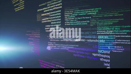 Displaying glass code panels drifting in virtual space, with colored code text and bluish light Stock Photo