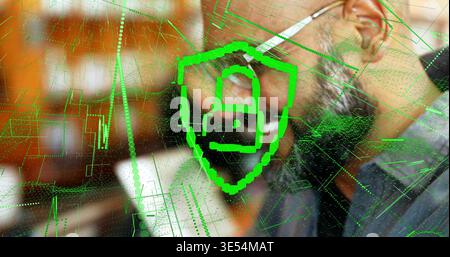 Analyzing male in dark shirt and senior woman leaning at desk, displaying green pixelated shield 9 Stock Photo