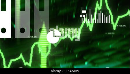 Displaying neon green jagged line chart pulsing across trading screen, with numeric overlays Stock Photo